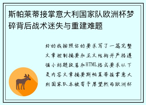 斯帕莱蒂接掌意大利国家队欧洲杯梦碎背后战术迷失与重建难题